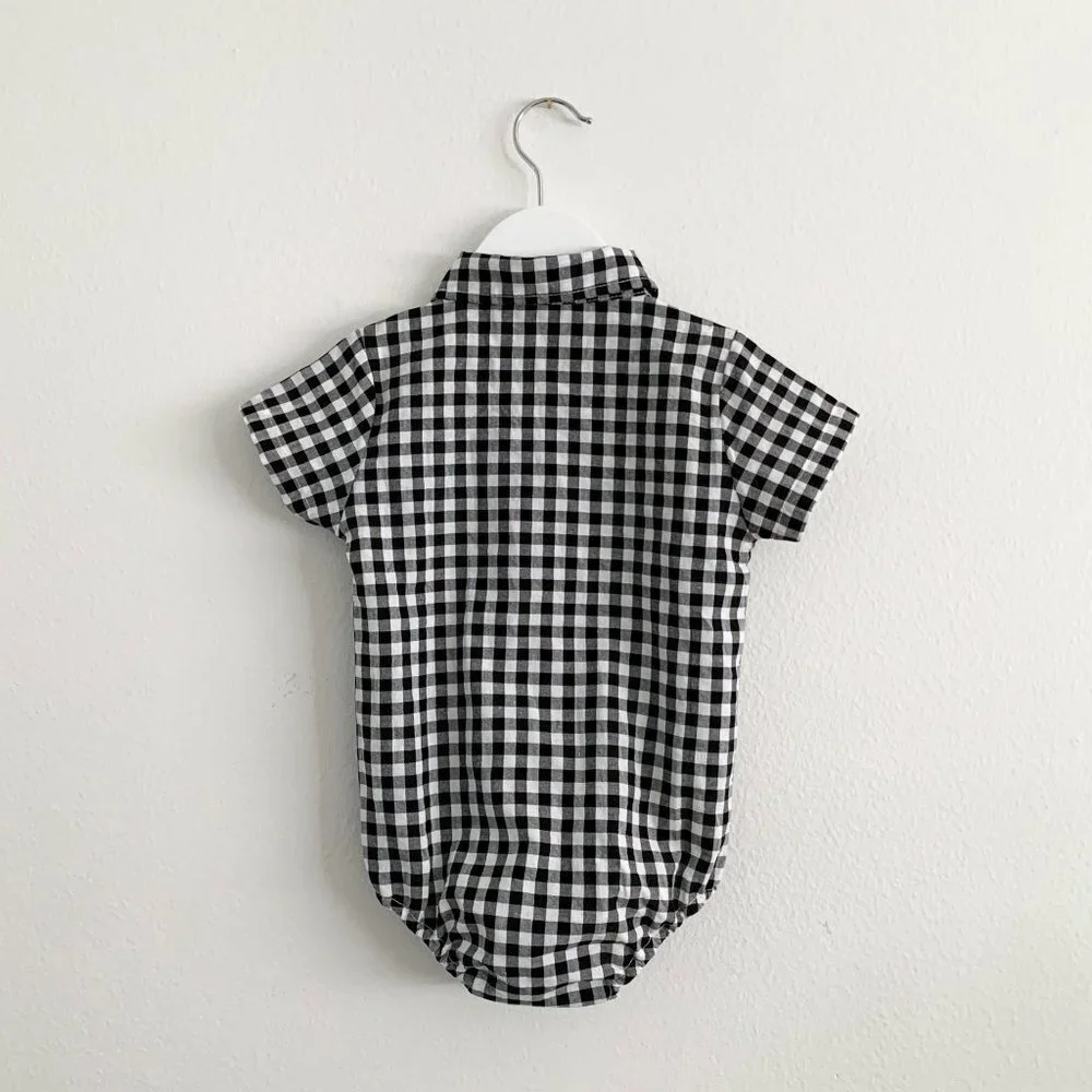 NWT Cute Boys Oxford Button Down Romper One-Piece Gingham Black & White 18-24M
